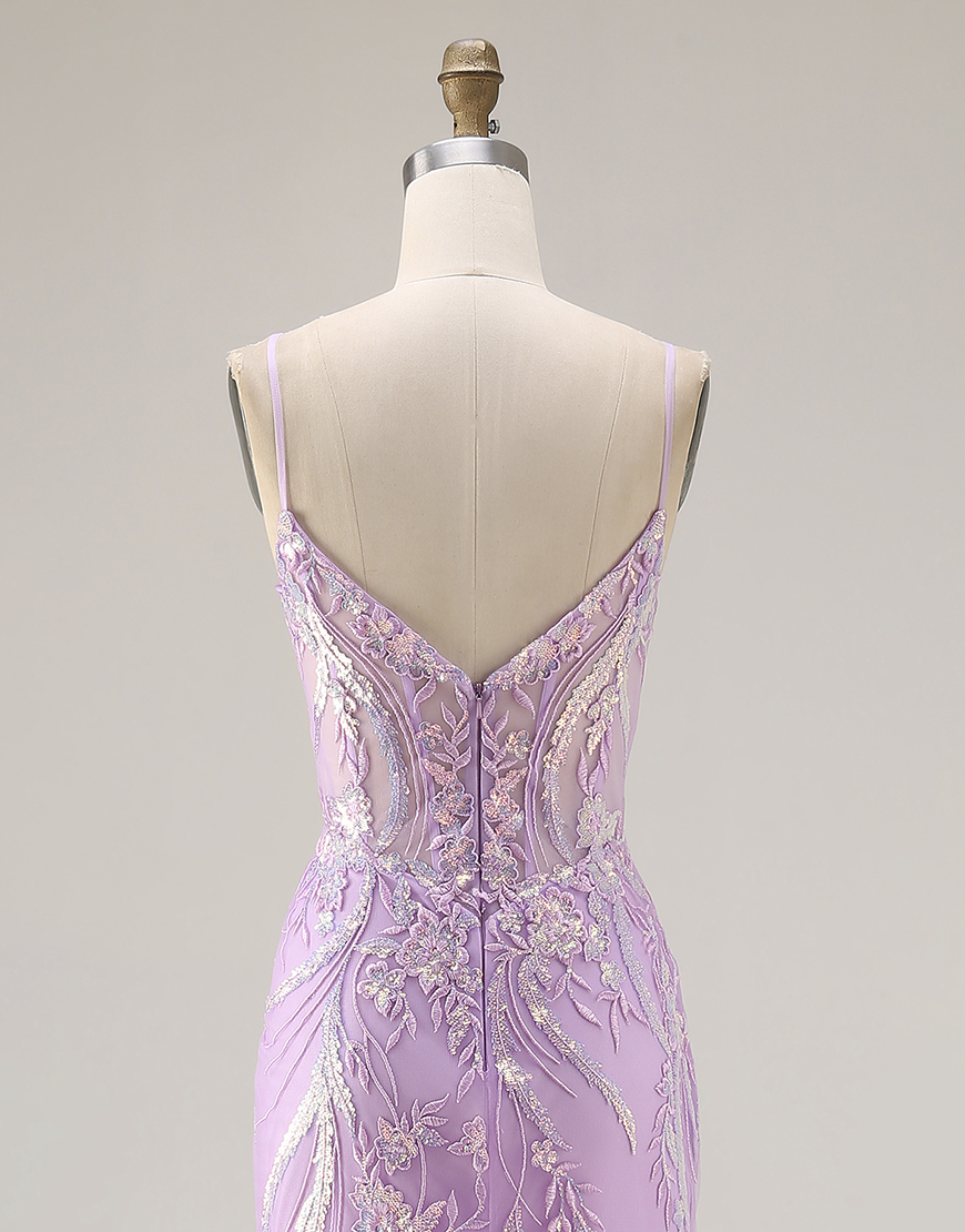 Sparkly Purple Floral Mermaid Lace Spaghetti Straps Long Prom Dress