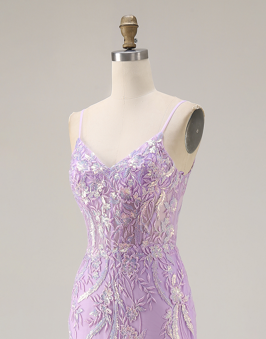 Sparkly Purple Floral Mermaid Lace Spaghetti Straps Long Prom Dress