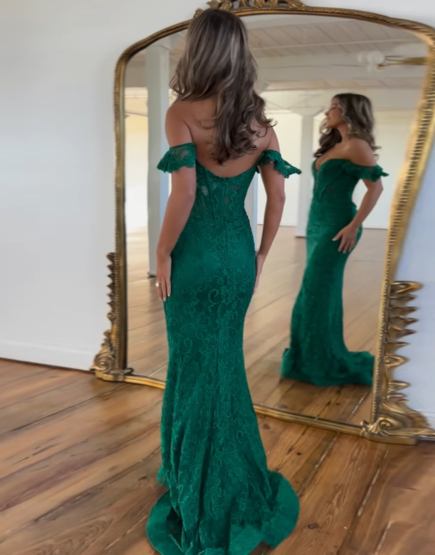 Dark Green Off The Shoulder Mermaid Long Lace Prom Dress