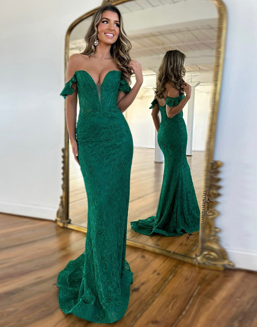 Dark Green Off The Shoulder Mermaid Long Lace Prom Dress