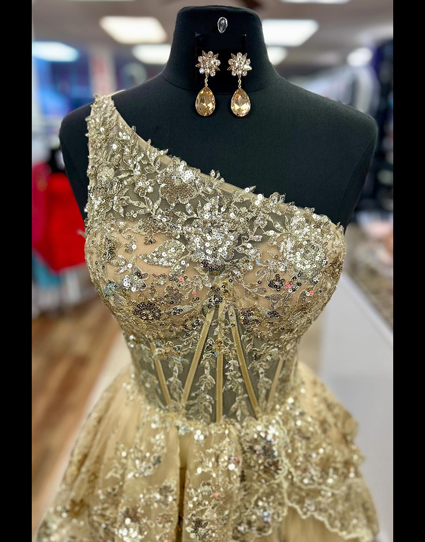 Sparkly Dark Red A-Line One Shoulder Long Tiered Prom Dress With Slit