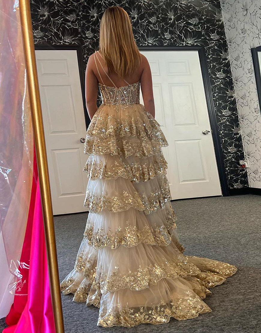 Sparkly Dark Red A-Line One Shoulder Long Tiered Prom Dress With Slit