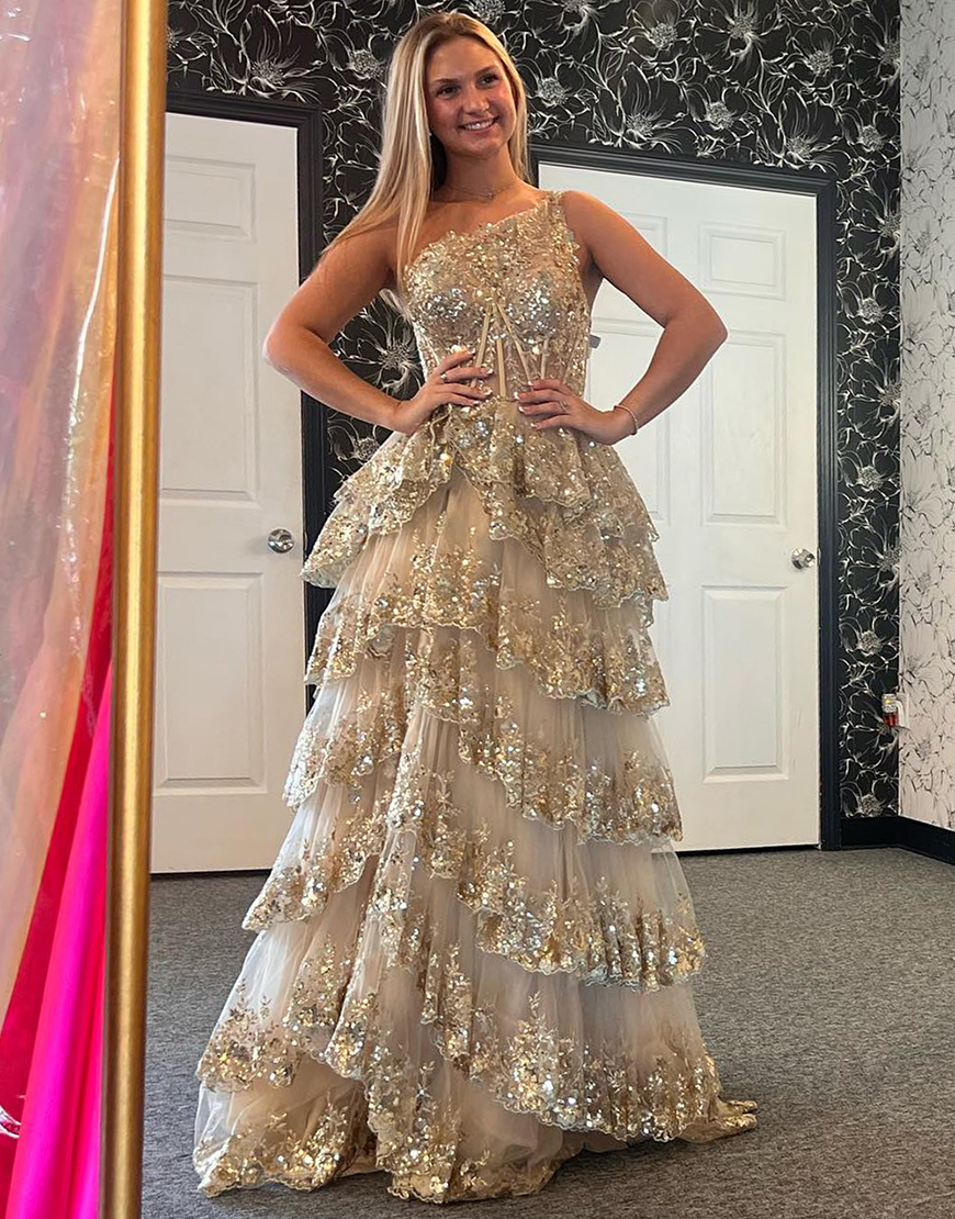 Sparkly Dark Red A-Line One Shoulder Long Tiered Prom Dress With Slit