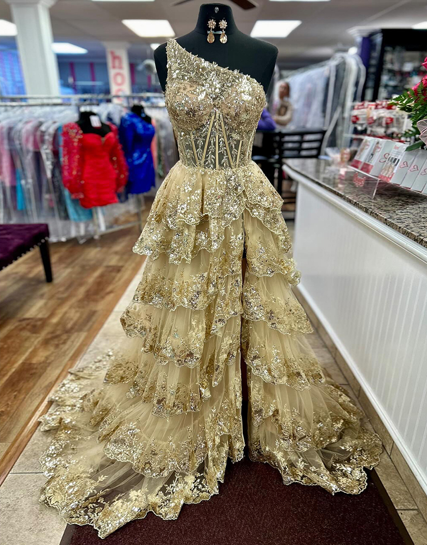 Sparkly Dark Red A-Line One Shoulder Long Tiered Prom Dress With Slit