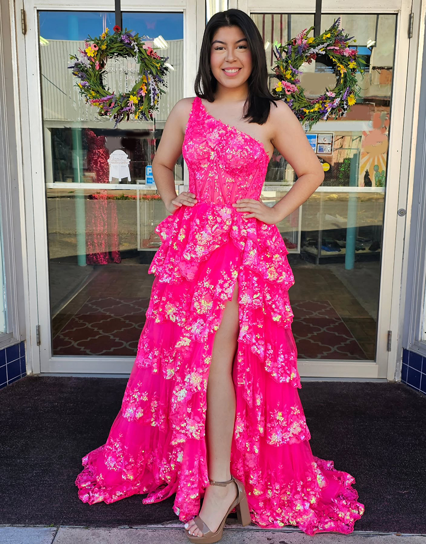 Sparkly Dark Red A-Line One Shoulder Long Tiered Prom Dress With Slit