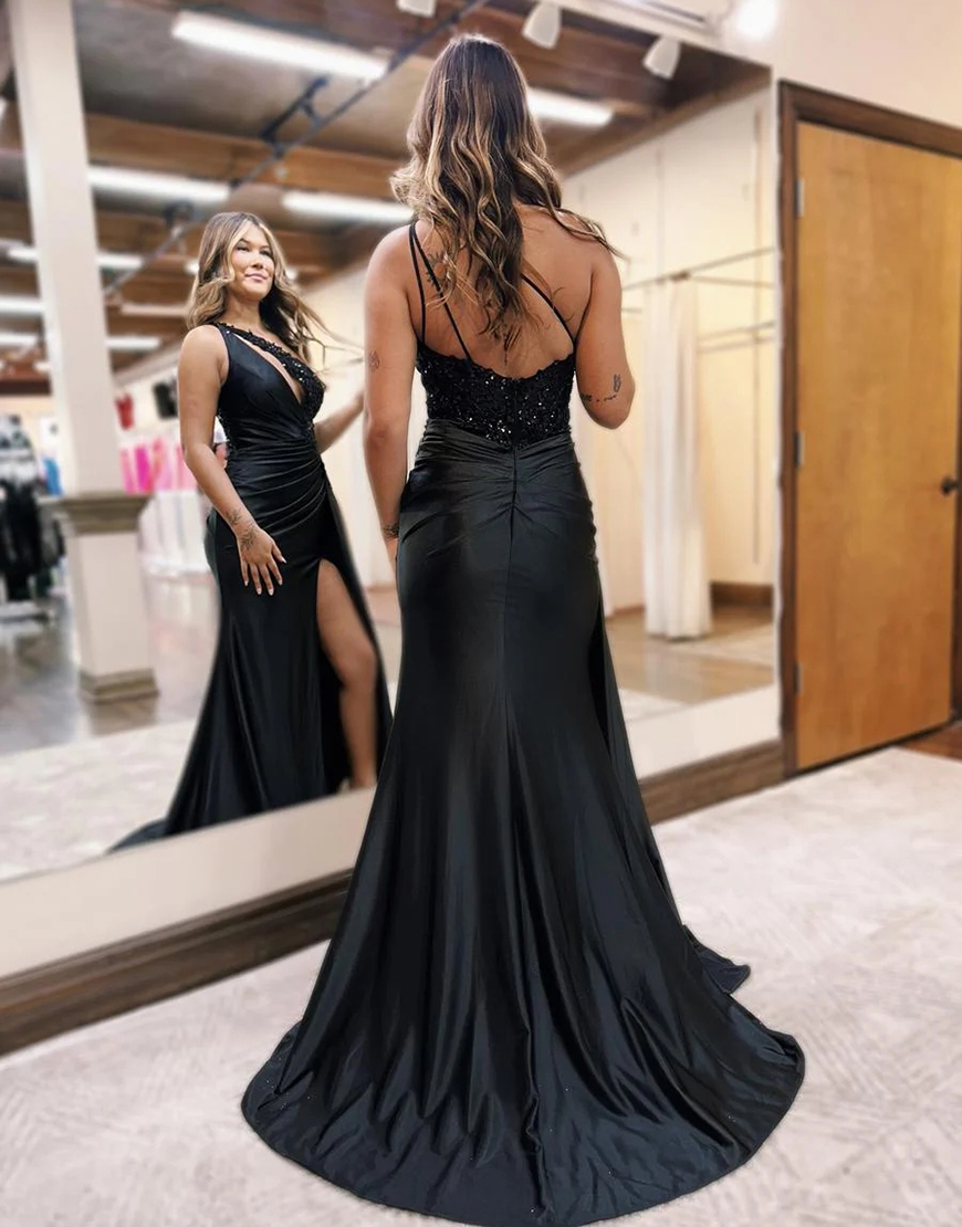 Stylish Black Mermaid One Shoulder Long Satin Prom Dress With Beading