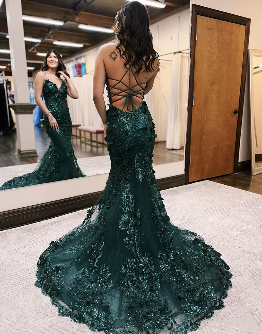 Gorgeous Dark Green Spaghetti Straps Lace Up Long Prom Dress With Appliques