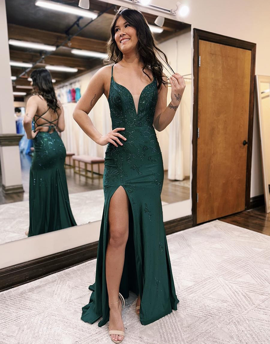 Dark Green Spaghetti Straps Mermaid Lace Up Long Prom Dress With Beading
