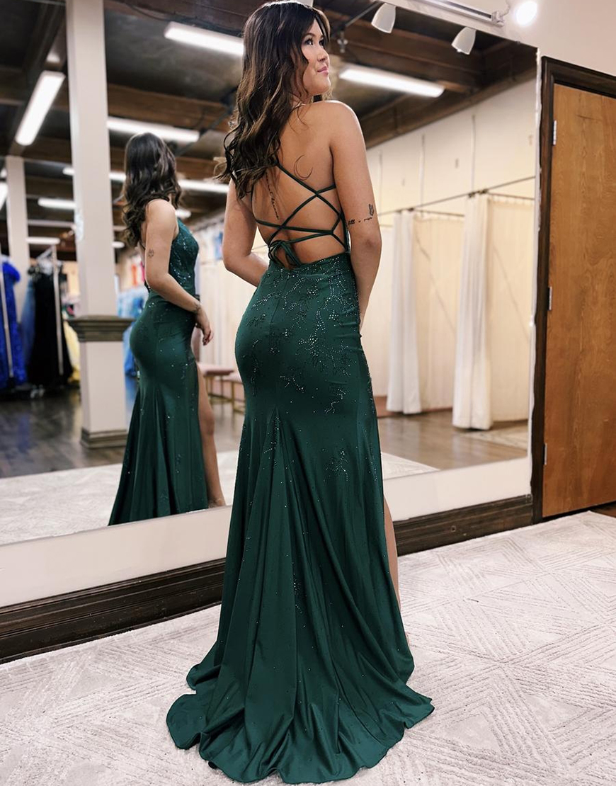 Dark Green Spaghetti Straps Mermaid Lace Up Long Prom Dress With Beading