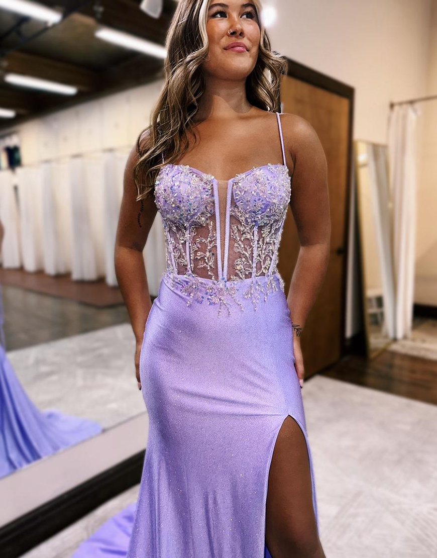 Charming Lilac Mermaid Glitter Top Spaghetti Straps Long Prom Dress With Slit