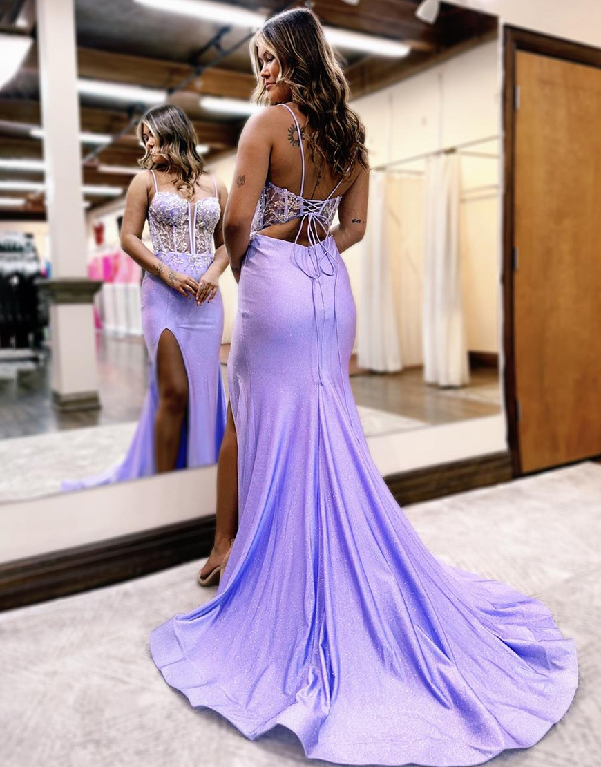 Charming Lilac Mermaid Glitter Top Spaghetti Straps Long Prom Dress With Slit