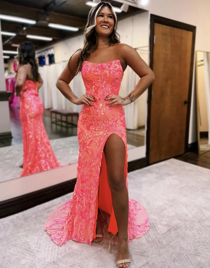 Gorgeous Strapless Mermaid Lace Up Long Prom Dress With Slit