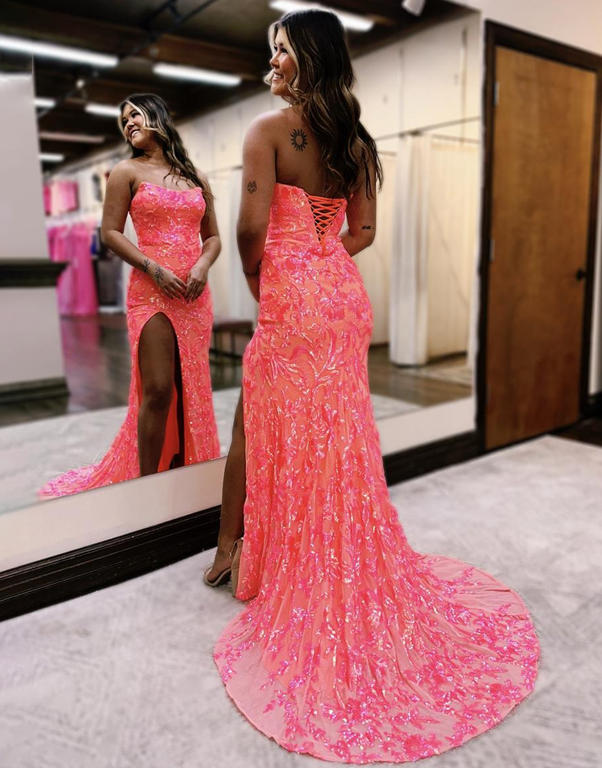 Gorgeous Strapless Mermaid Lace Up Long Prom Dress With Slit