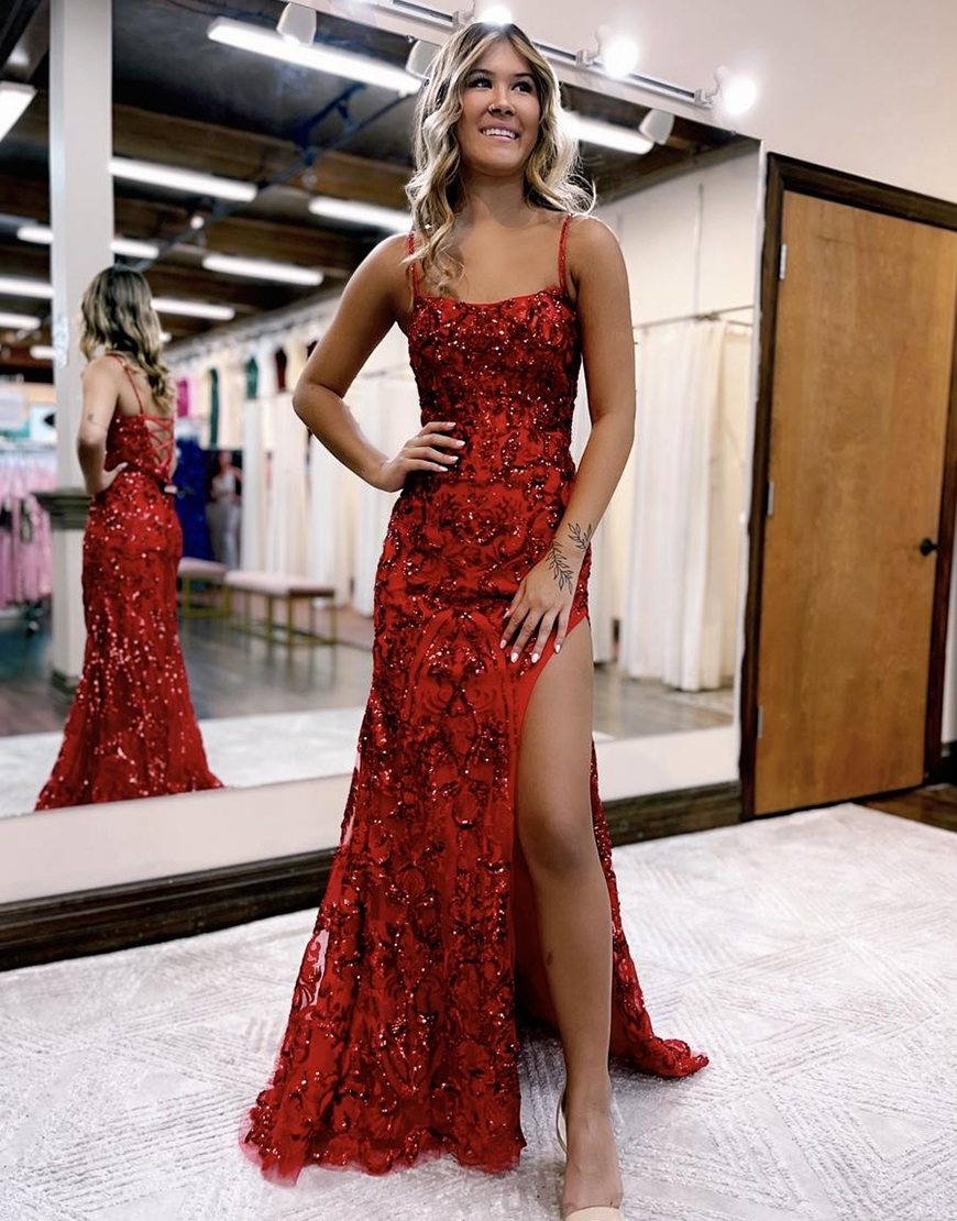 Gorgeous Sparkly Mermaid Spaghetti Straps Lace Up Long Prom Dress With Slit