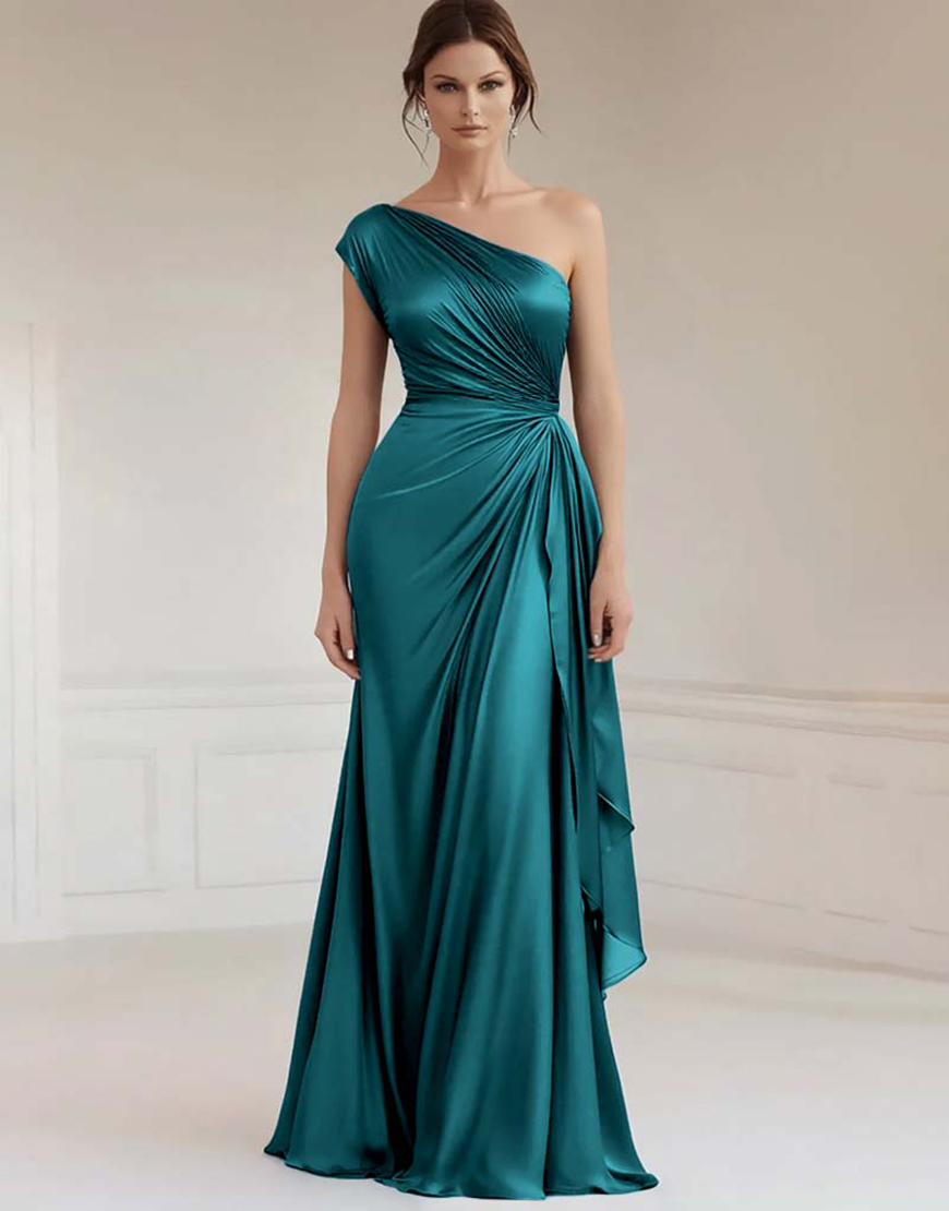 Peacock Sheath One Shoulder Satin Long Formal Dress