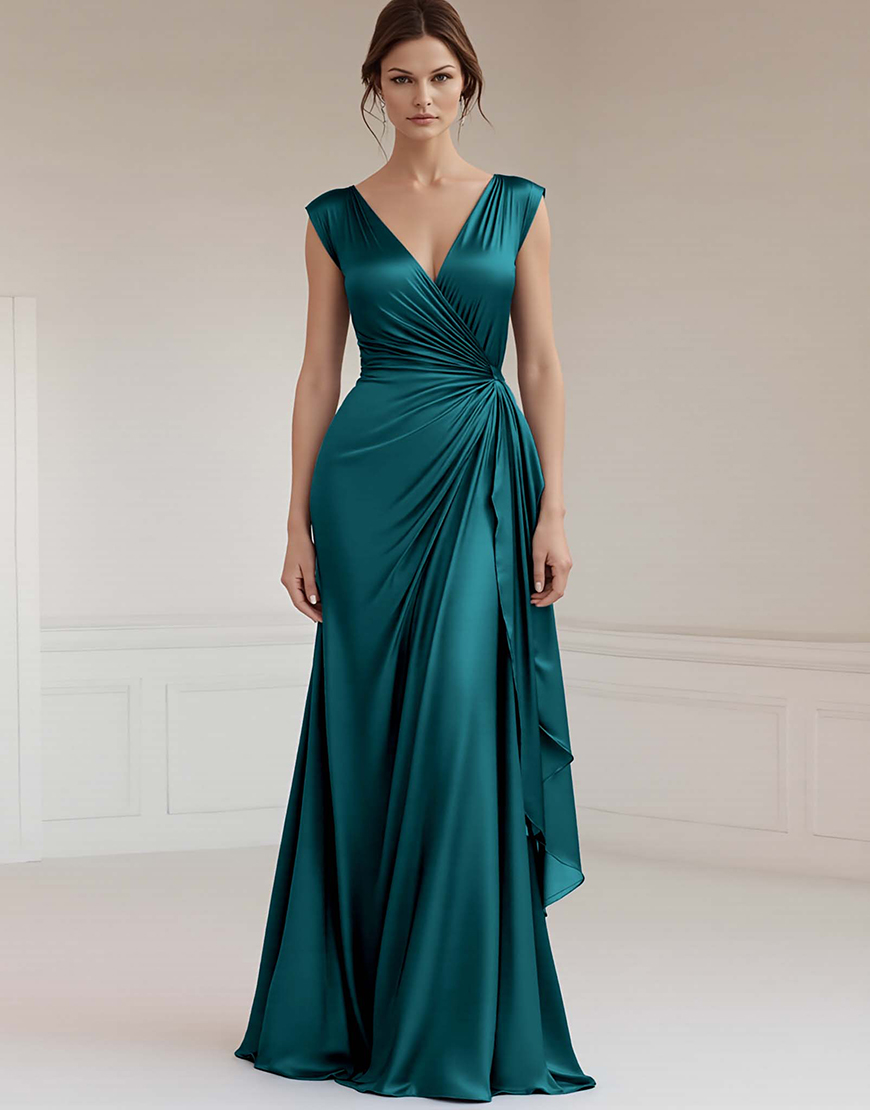 Peacock Sheath V-Neck Ruched Long Formal Dress with Ruffles