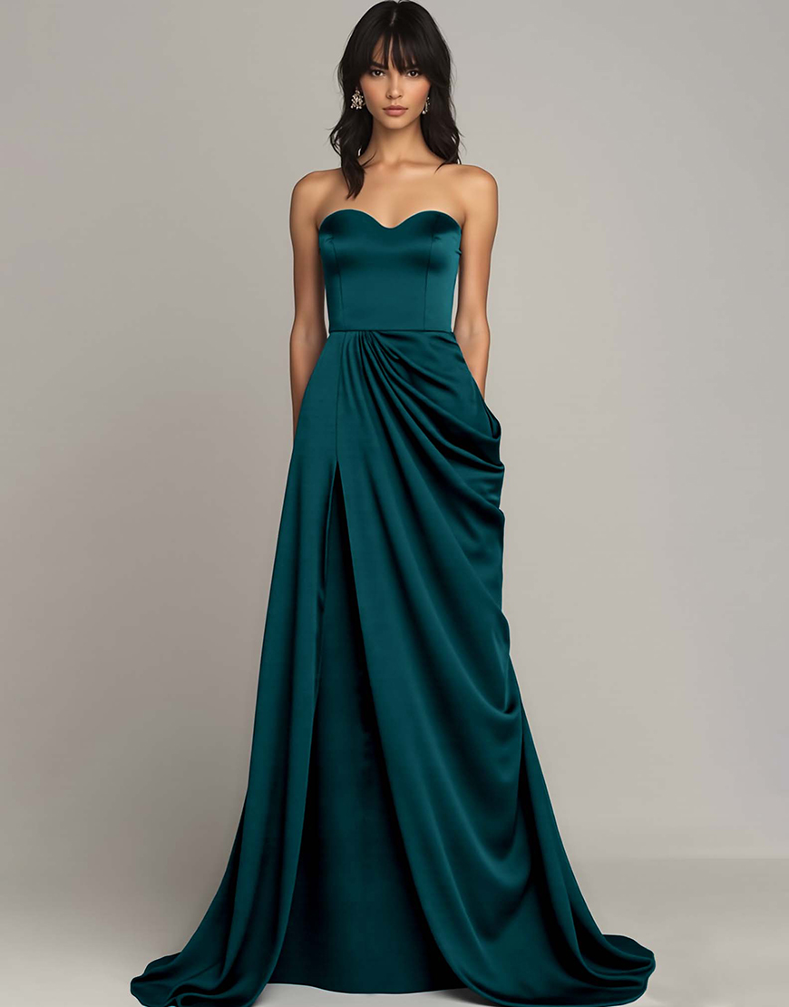 Peacock A Line Strapless Satin Long Formal Dress with Slit