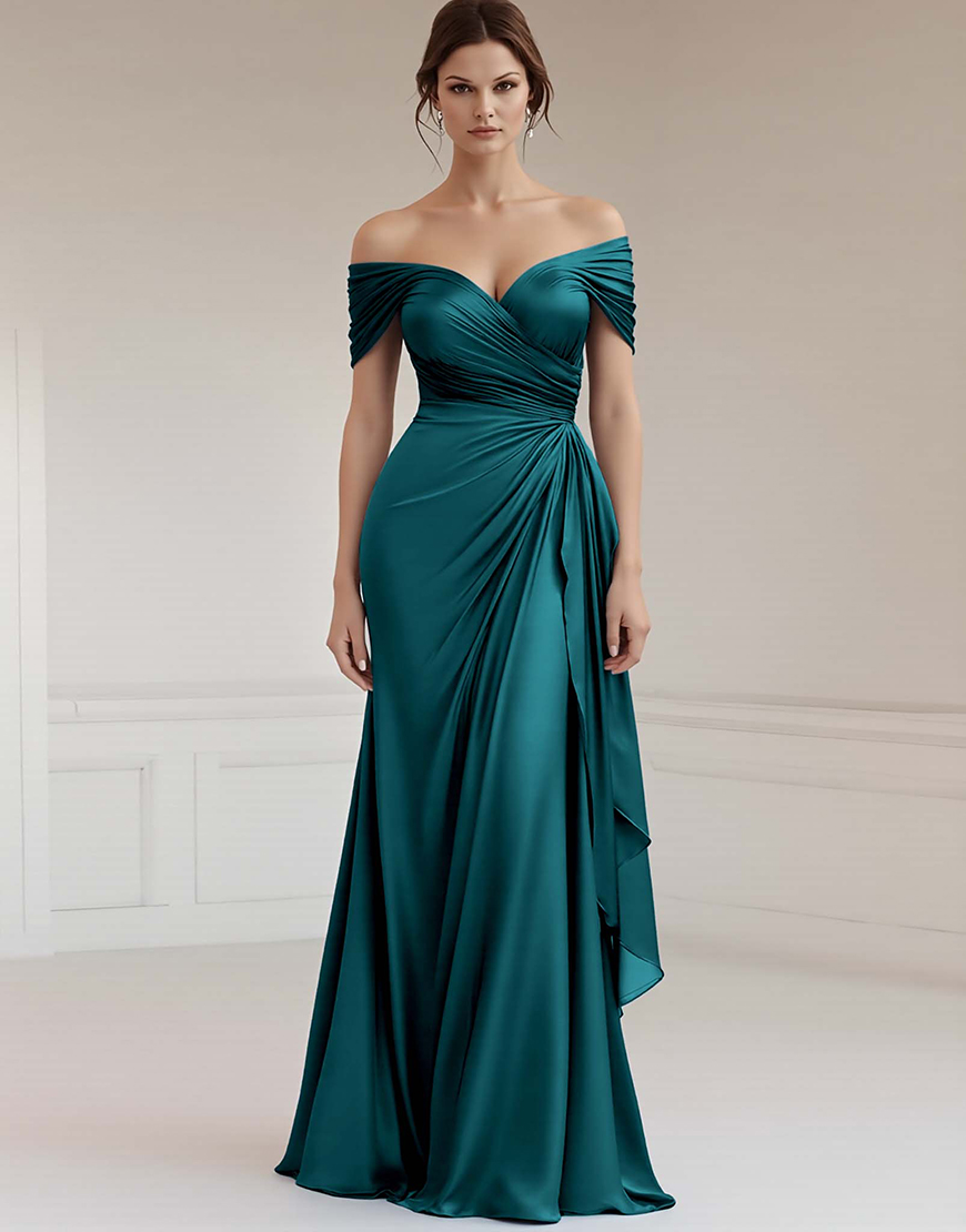 Peacock Satin Off the Shoulder Sheath Long Formal Dress with Ruffles