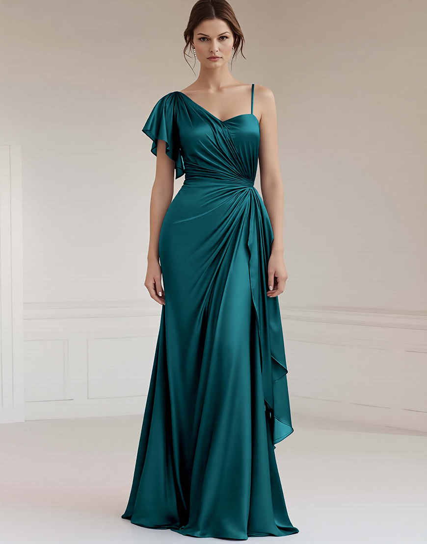 Peacock Sheath Satin Ruched Long Formal Dress