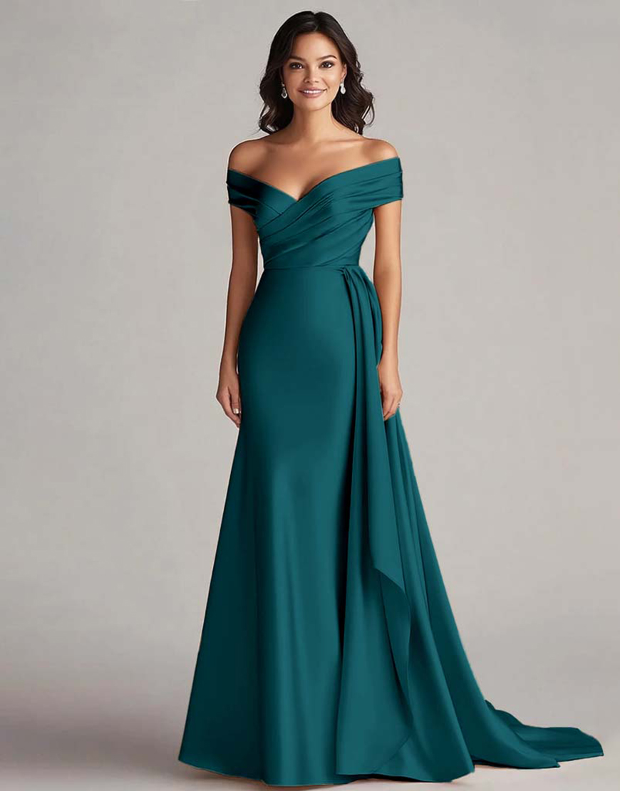 Peacock Satin Off the Shoulder Long Mermaid Formal Dress