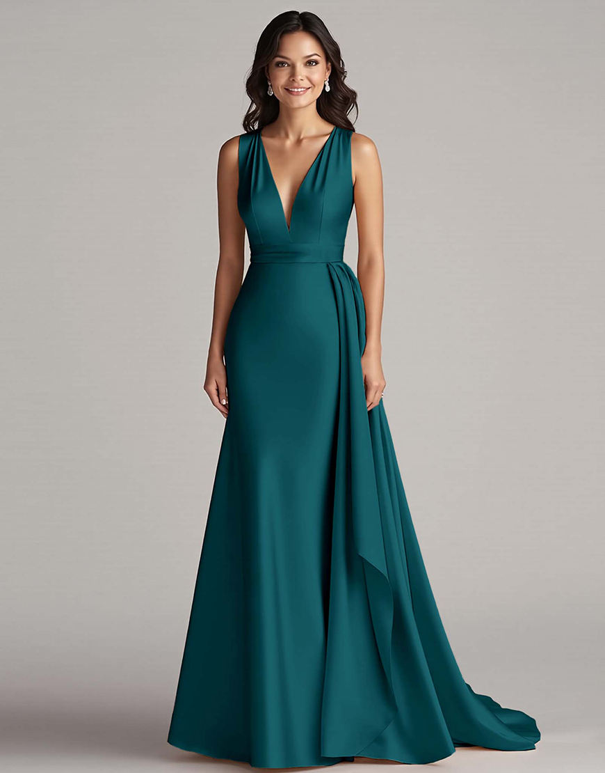 Peacock Deep V-Neck Long Satin Mermaid  Ruffled Formal Dress