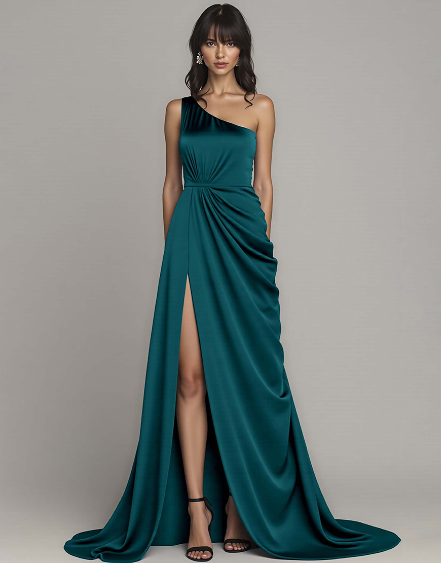 Peacock Satin A Line One Shoulder Long Formal Dress with Slit