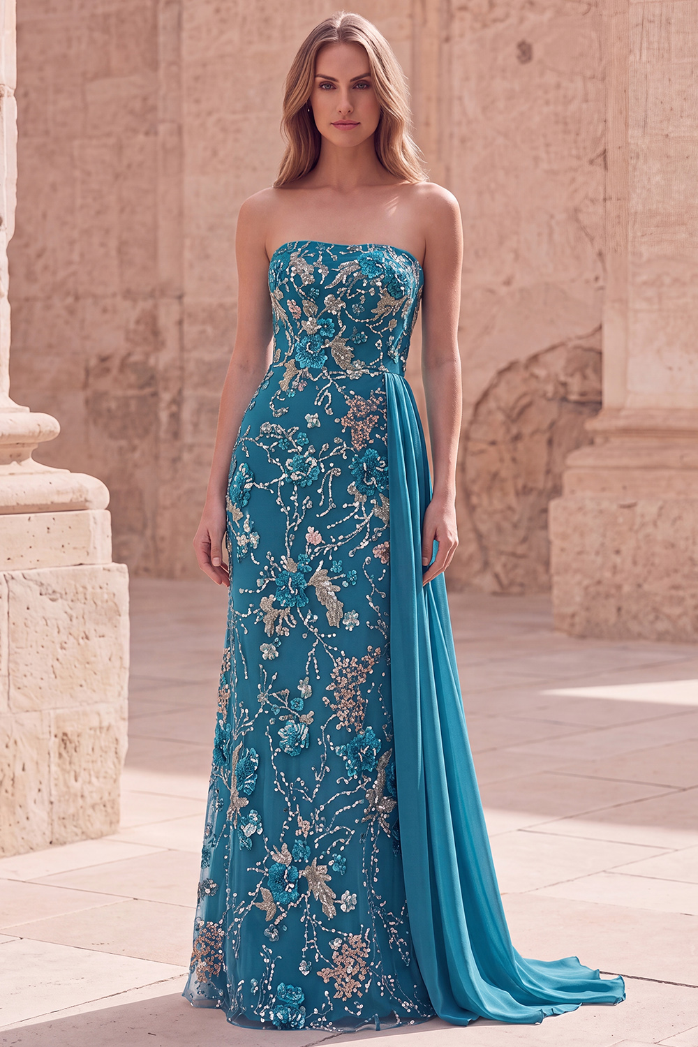 Sparkly Pink Beaded Mermaid Strapless Long Floral Formal Dress with Side Cape