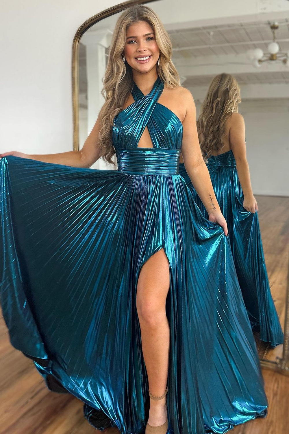 Peacock Blue Halter Neck A-Line Long Bright Prom Dress With Split