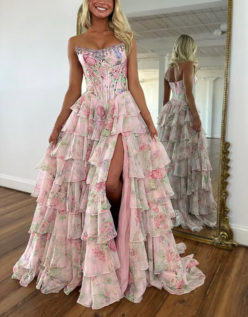 Sparkly Blue Floral Ruffled Long Corset Prom Dress with Slit