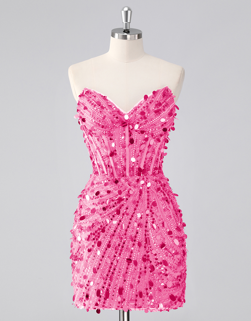 Sparkly Fuchsia Sequin Tight Sweetheart Short Corset Homecoming Dress