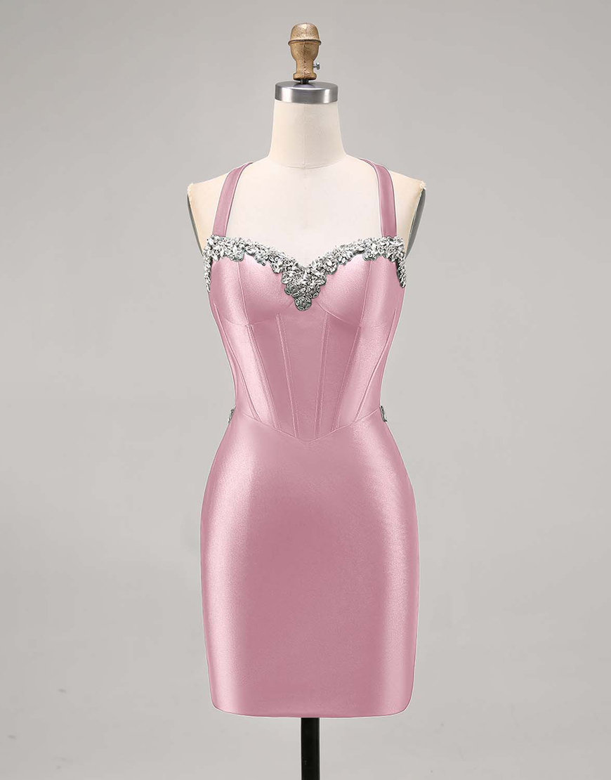 Sparkly Dark Green Tight Satin Short Corset Homecoming Dress with Beading