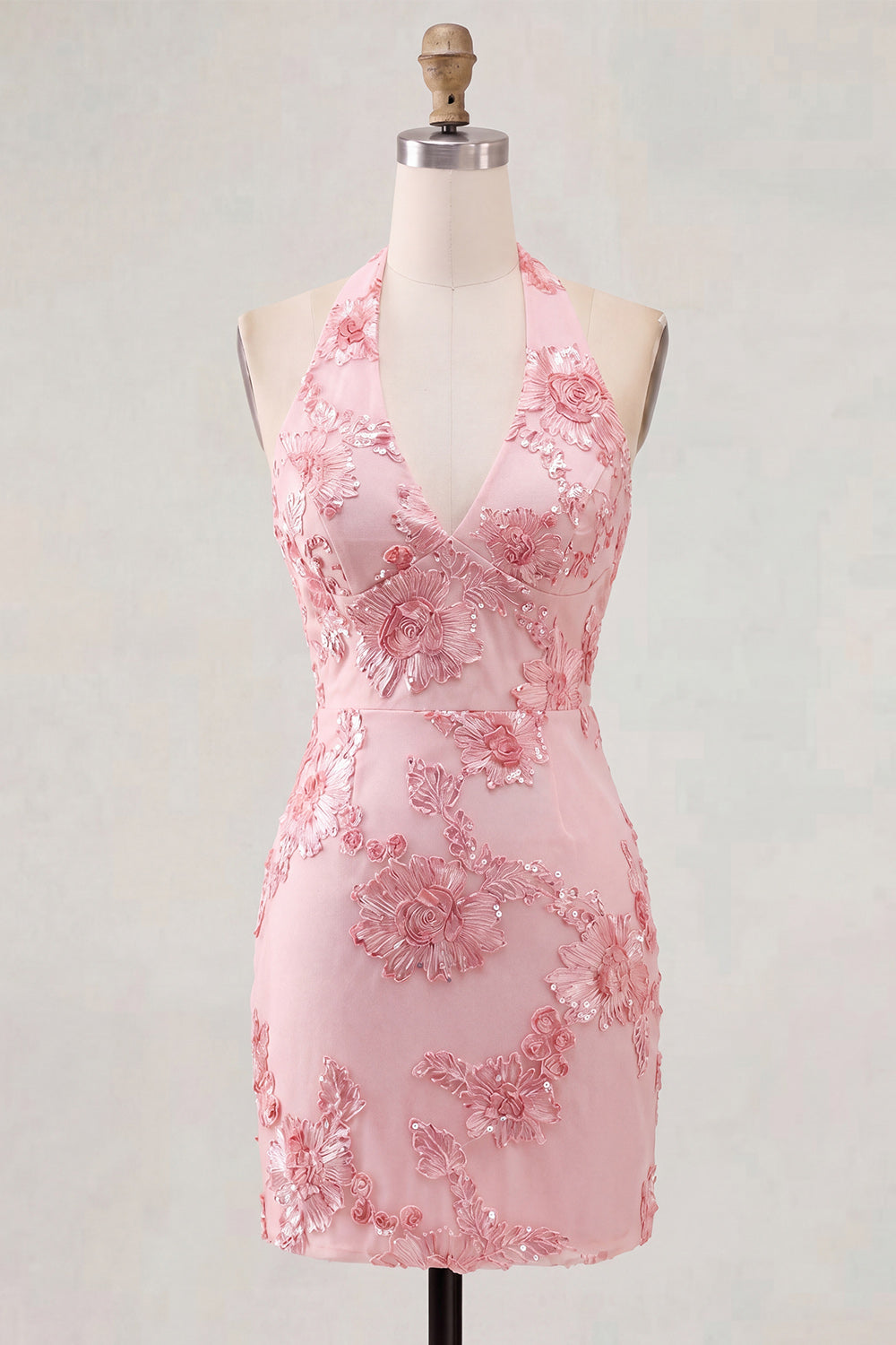 Light Blue Floral Tight Halter Short Backless Homecoming Dress