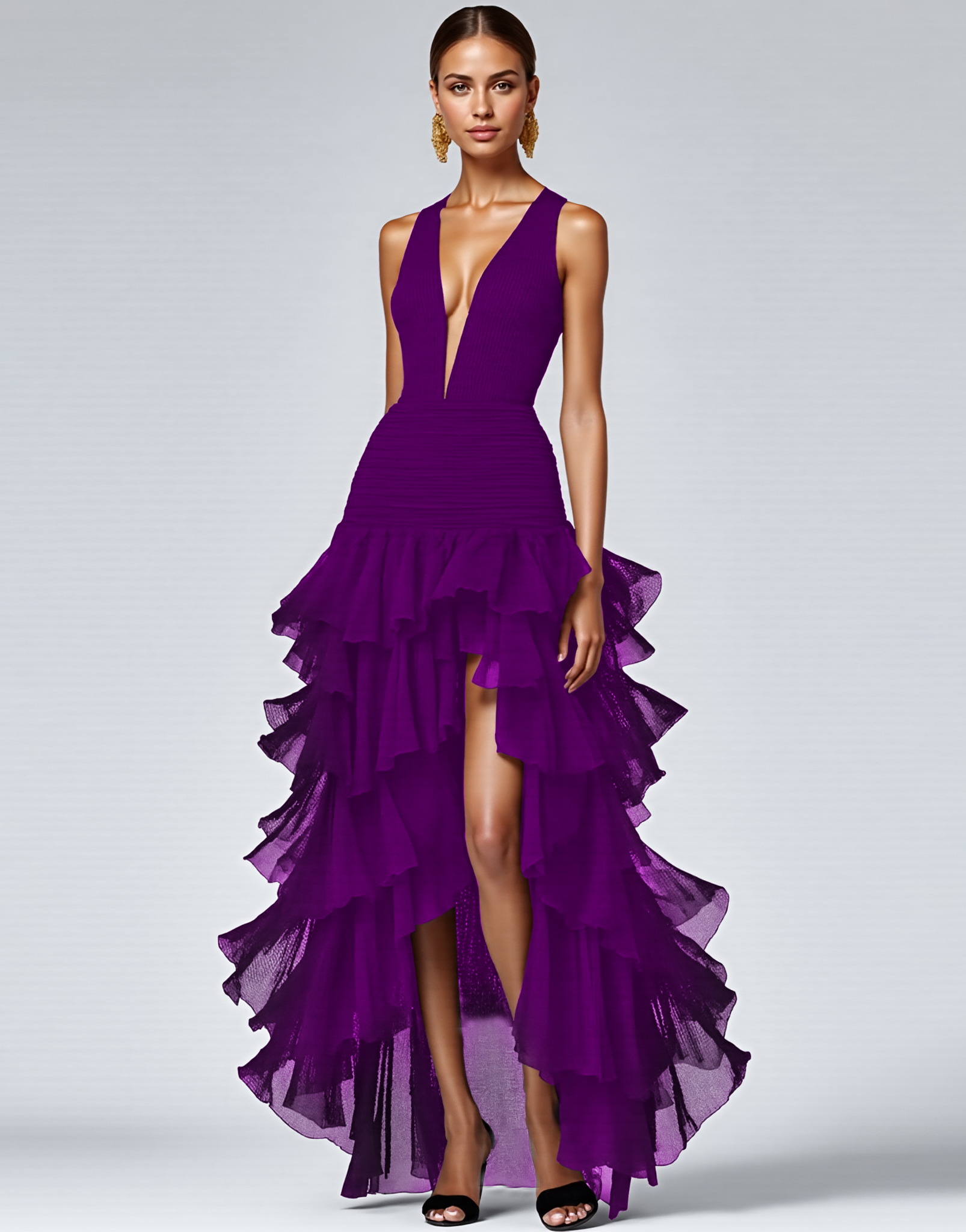 A Line Royal Blue V-Neck Tiered Sleeveless Long Formal Dress with Slit