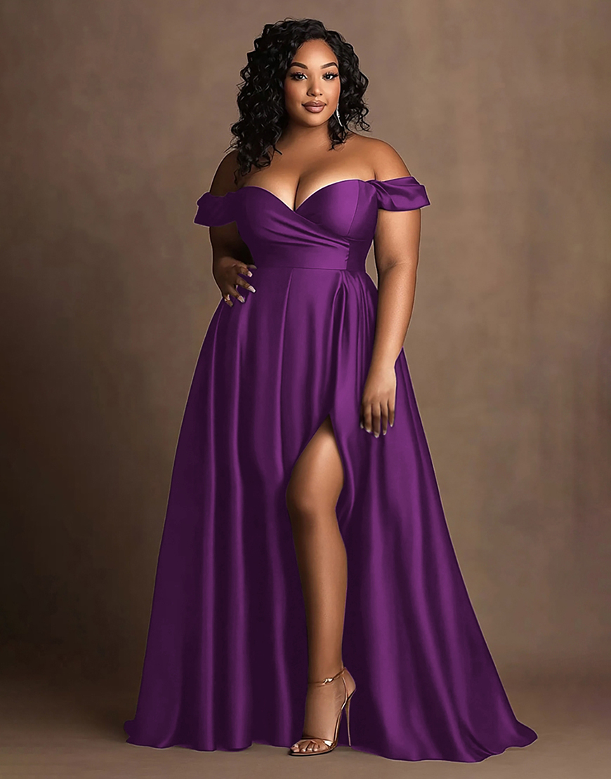 Navy A Line Off the Shoulder Plus Size Long Satin Formal Dress with Slit