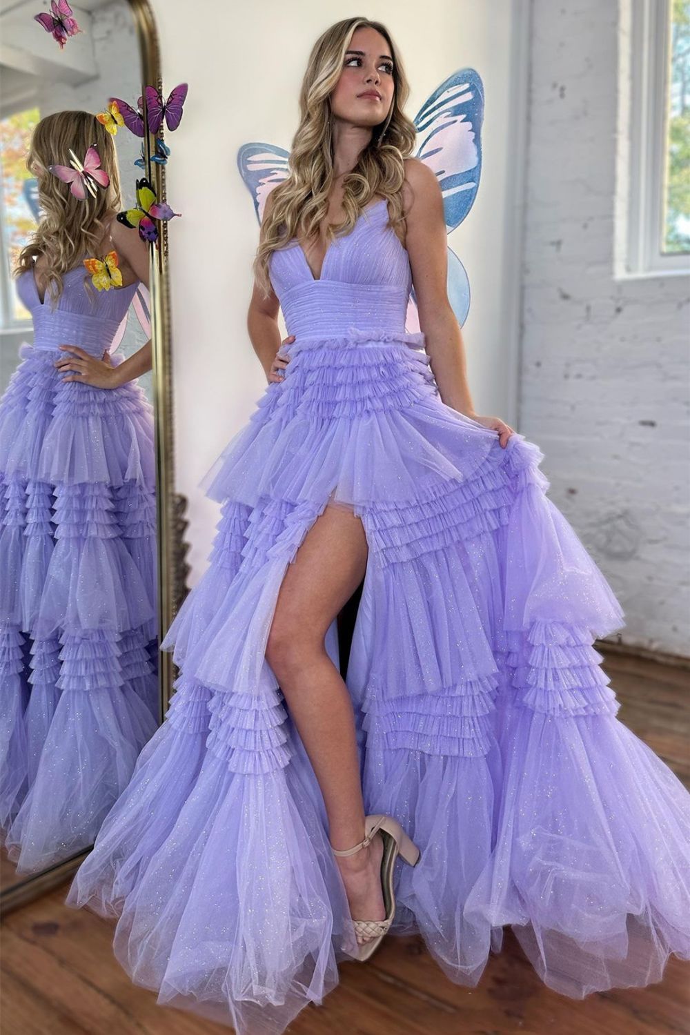 Sweet A-Line Spaghetti Straps Long Tiered Tulle Prom Dress With Split