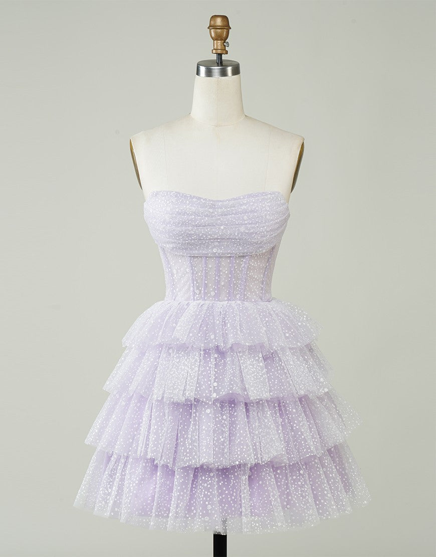 Cute A-Line Strapless Zipper Back Tiered Tulle Homecoming Dress