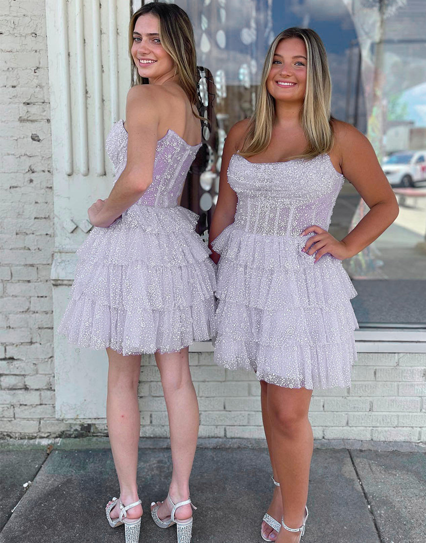 Pretty A-Line Strapless Short Tulle Tiered Homecoming Dress