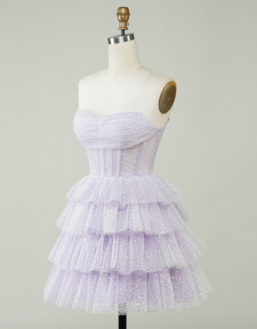 Pretty A-Line Strapless Short Tulle Tiered Homecoming Dress
