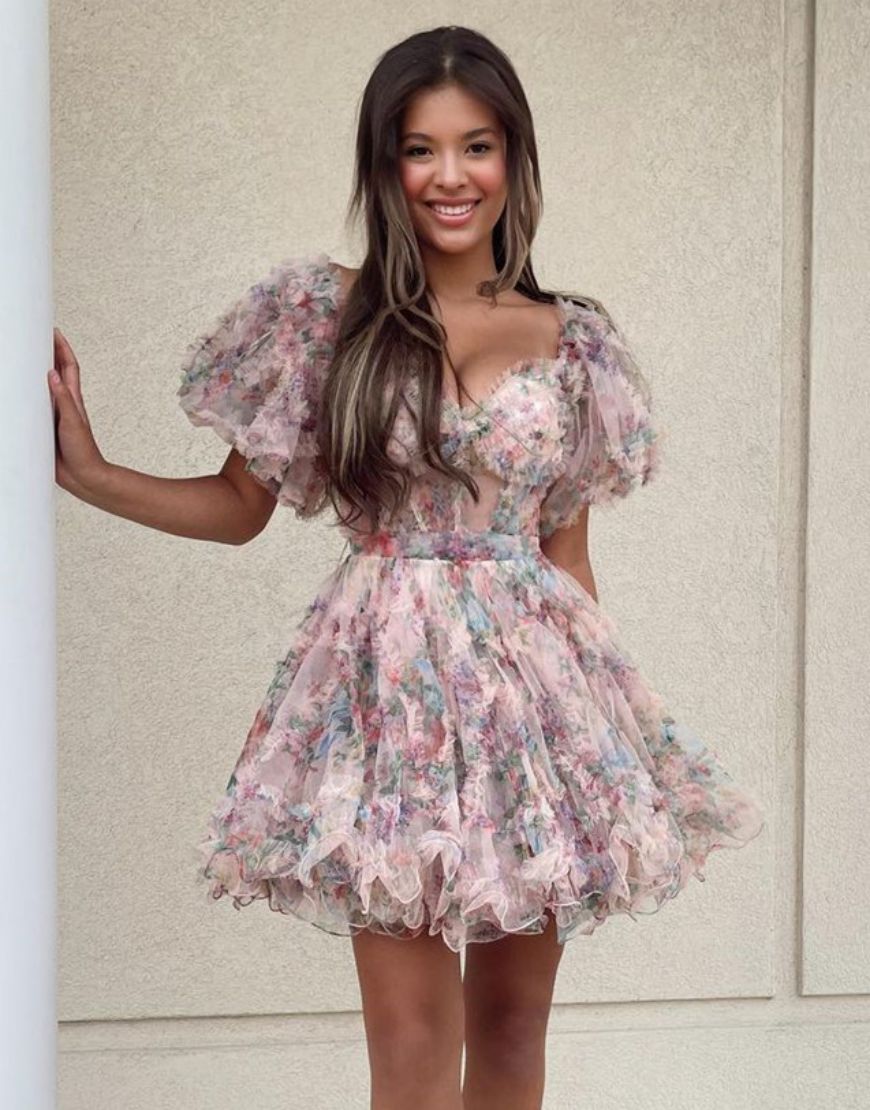 Pretty Cute Puff Sleeves A-Line Short Homecoming Party Dress