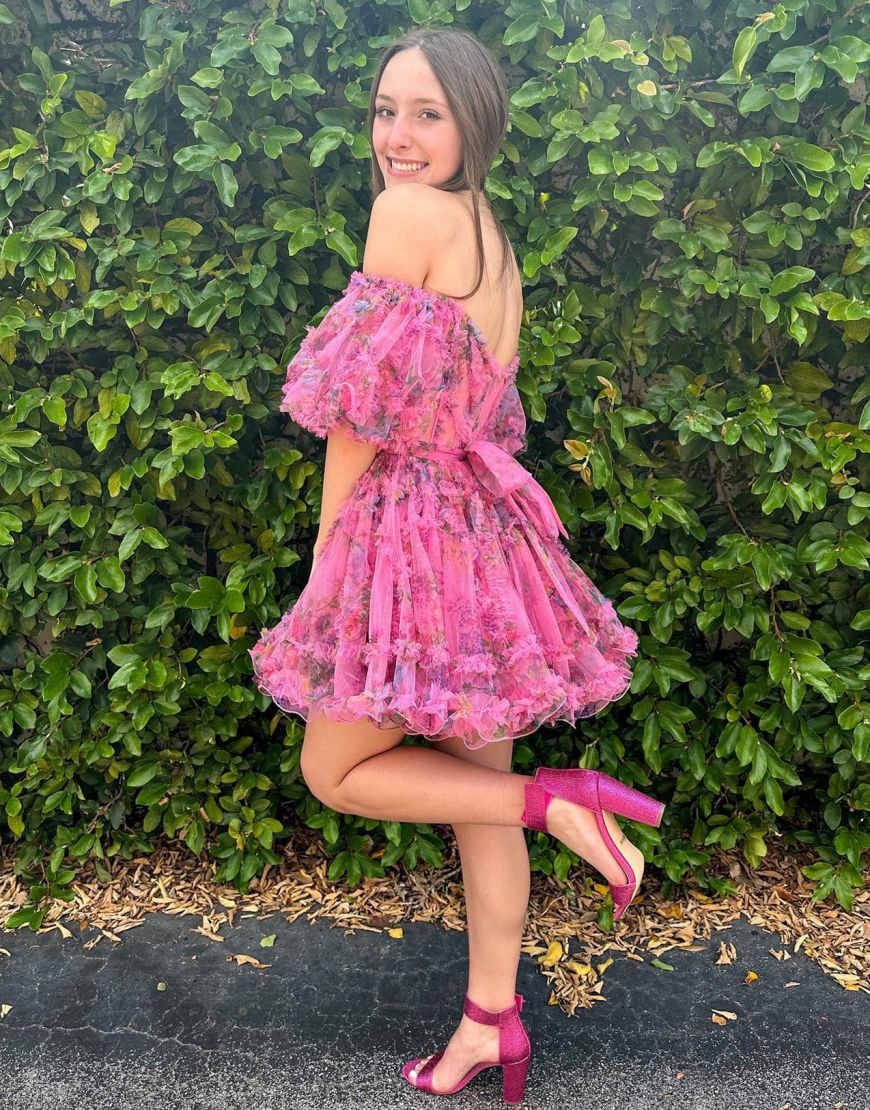 Pretty Fuchsia Puff Sleeves A-Line Short Party Dress