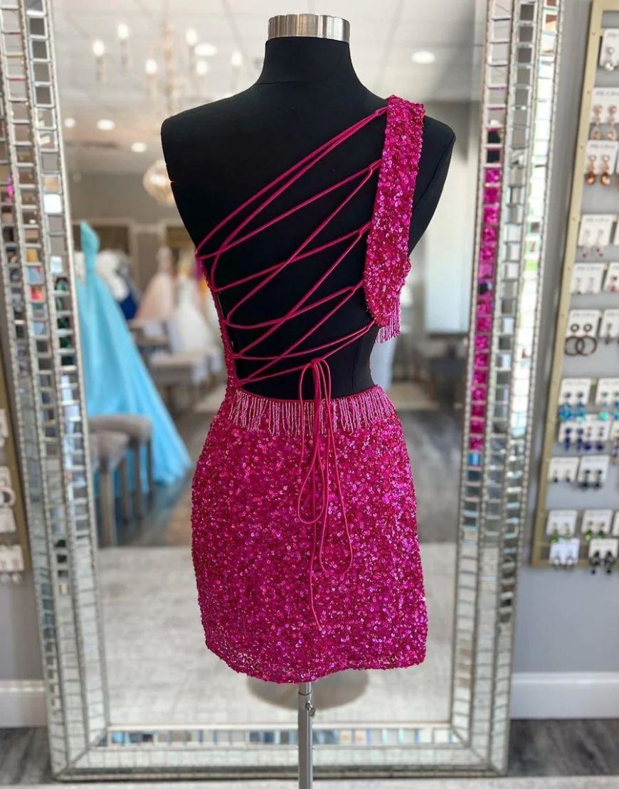 Sparkly Sequins One Shoulder Cutout Waist Tight Homecoming Dress With Fringe