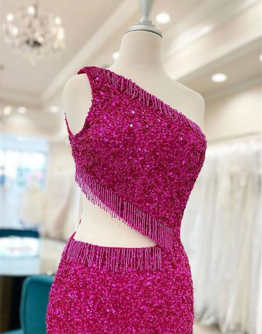 Sparkly Sequins One Shoulder Cutout Waist Tight Homecoming Dress With Fringe