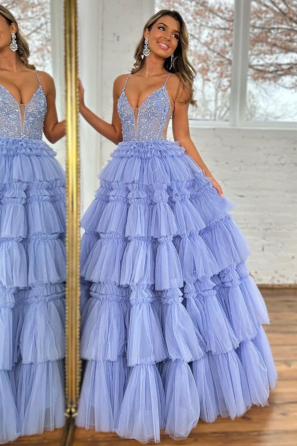 Princess Glitter A-Line Spaghetti Straps Long Tiered Prom Dress