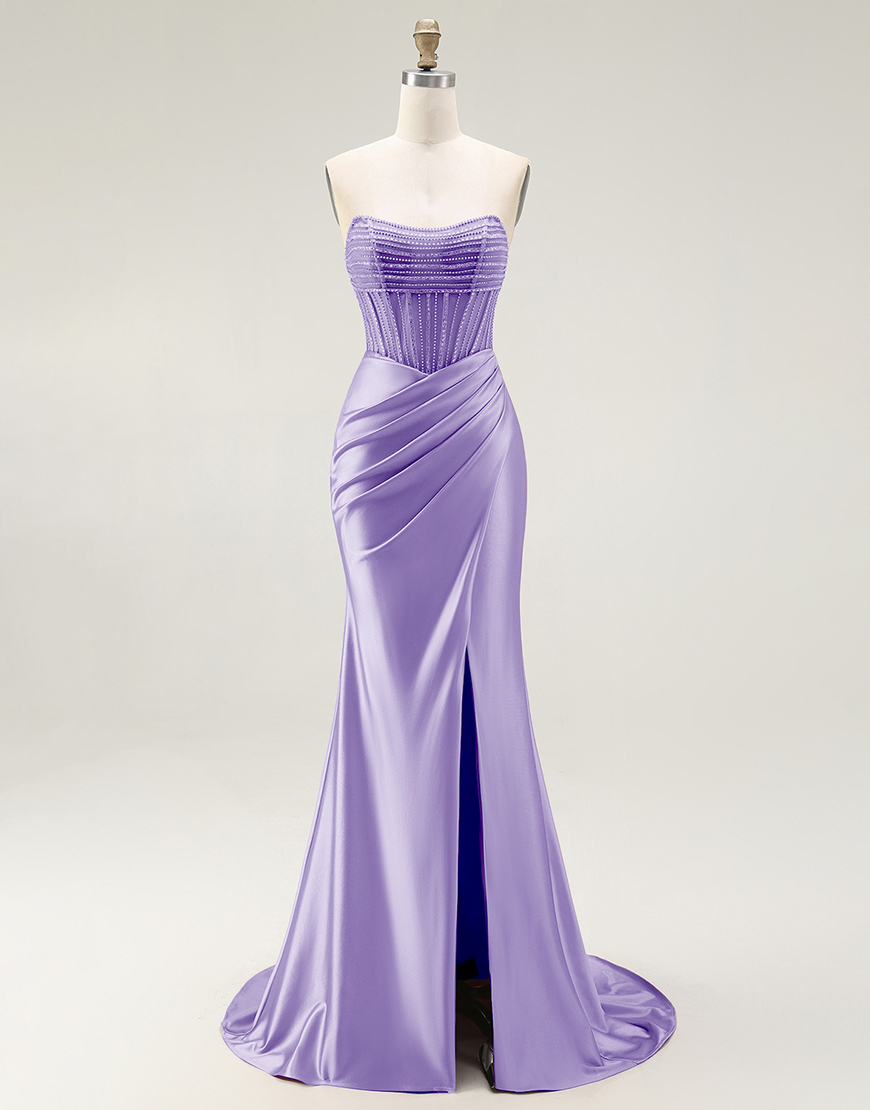 Sparkly Mermaid Blush Strapless Ruched Long Prom Dress with Slit