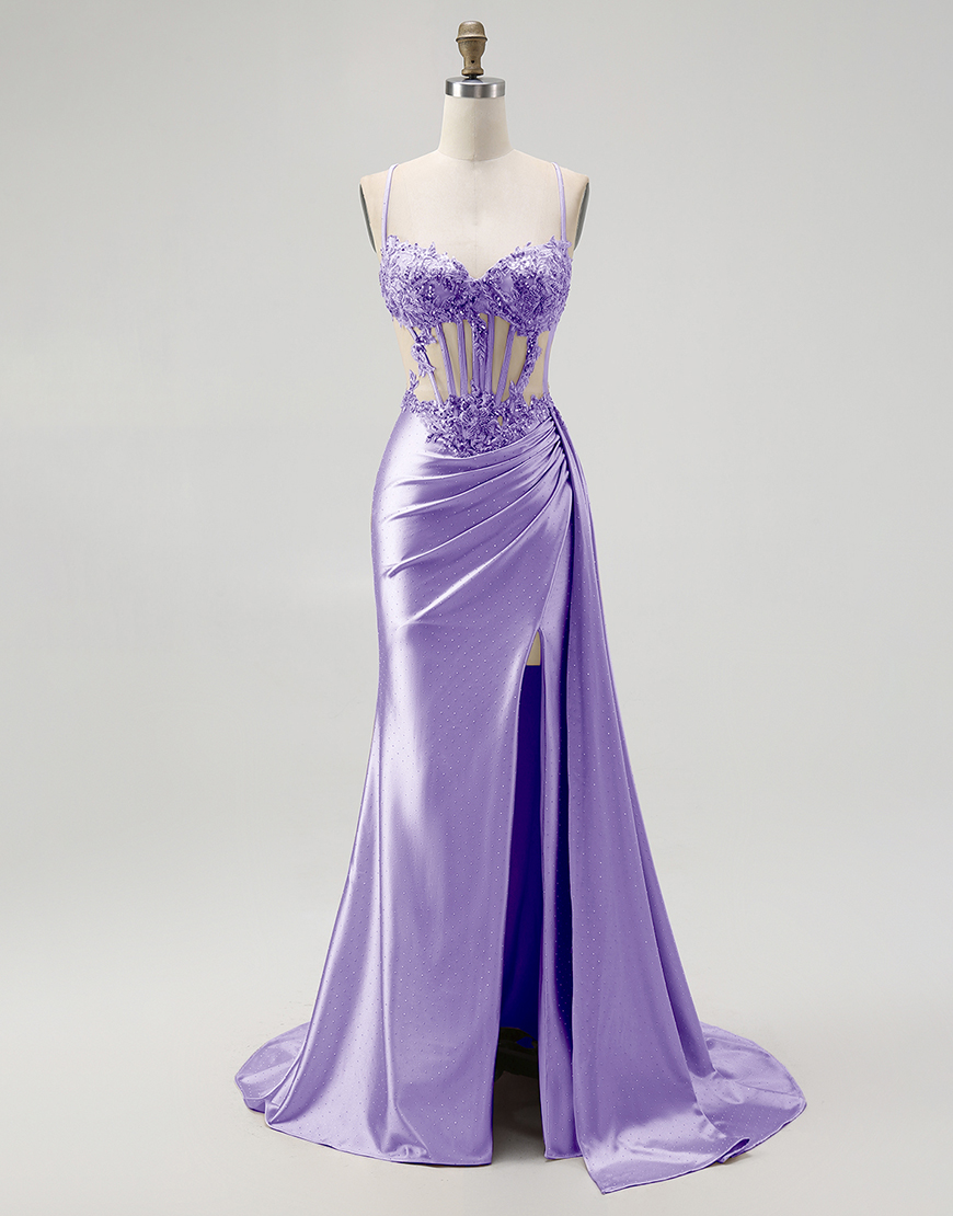 Sparkly Champagne Mermaid Spaghetti Straps Satin Long Prom Dress with Beading