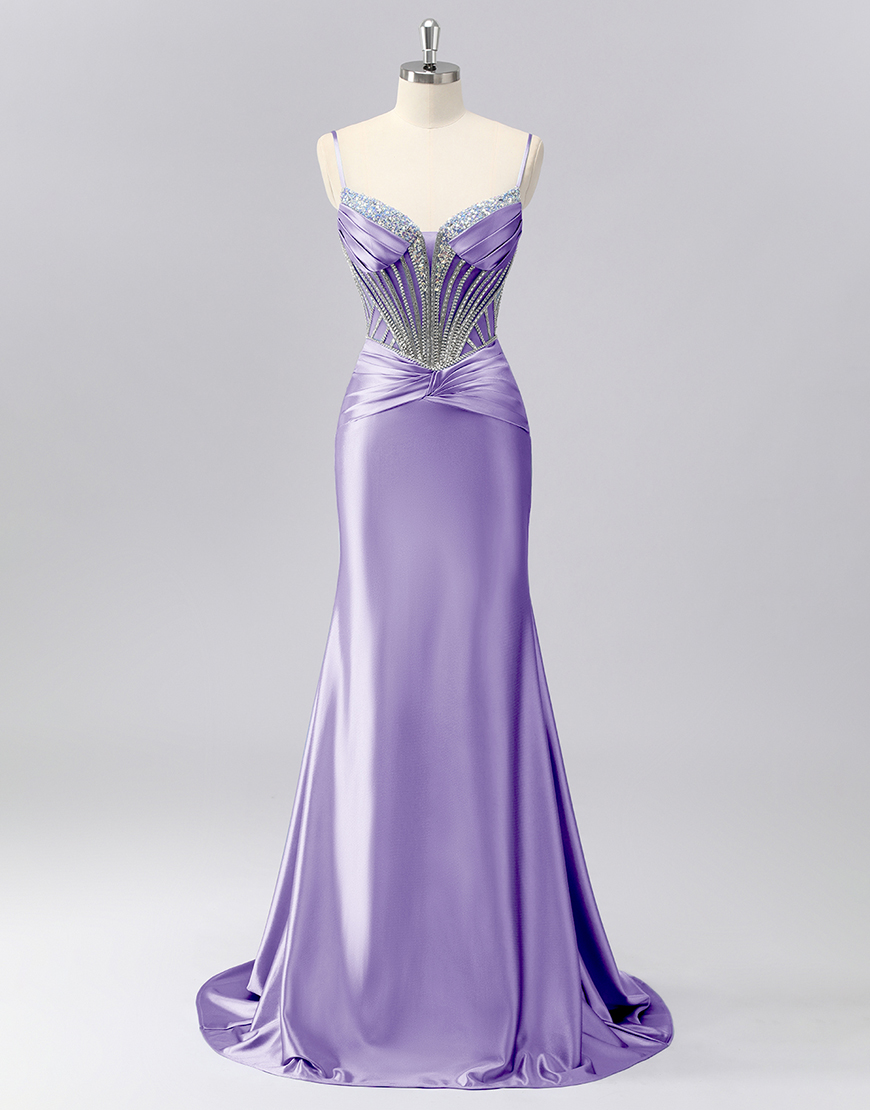 Sparkly Grey Blue Spaghetti Straps Mermaid Long Prom Dress with Beading