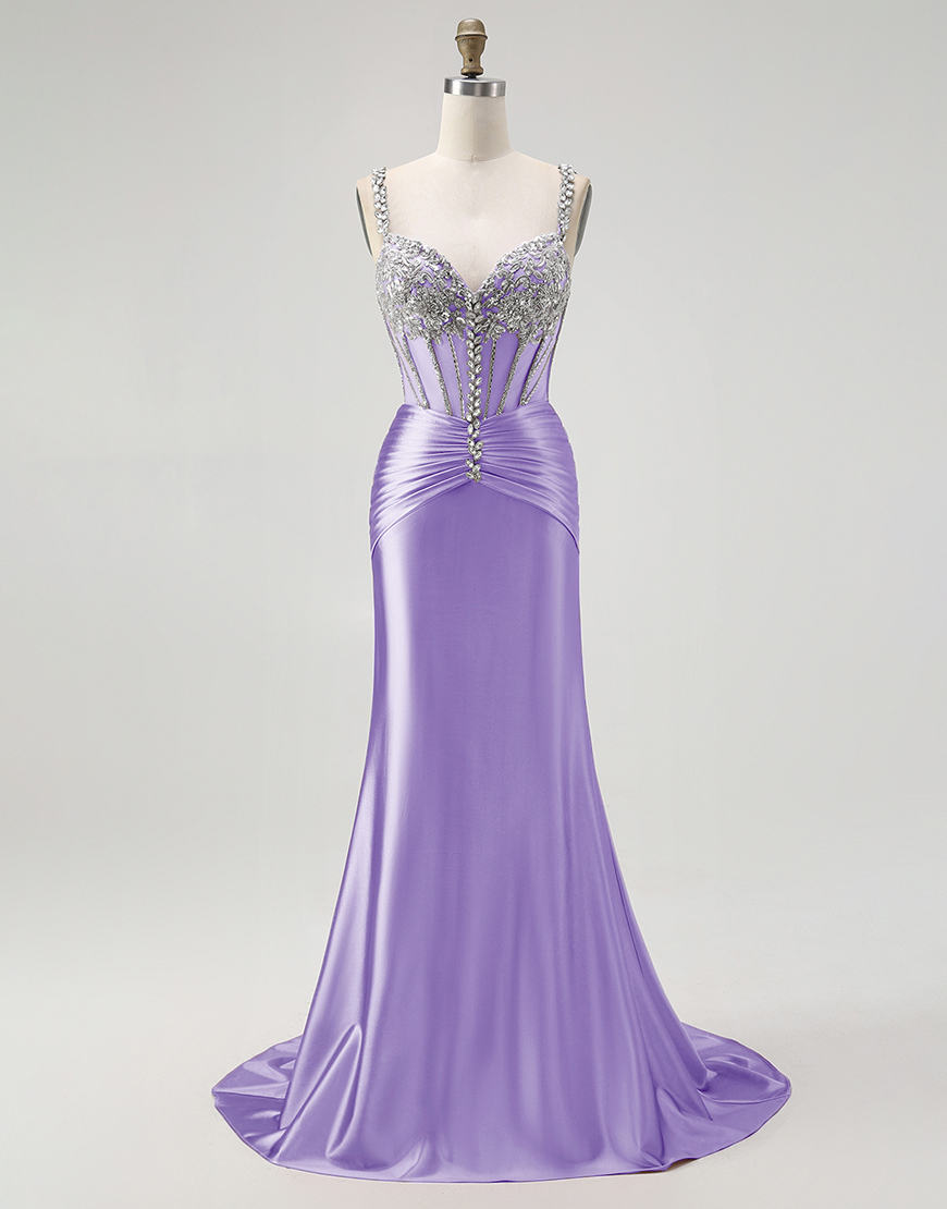 Sparkly Blush Mermaid Spaghetti Straps Long Corset Satin Prom Dress with Beading