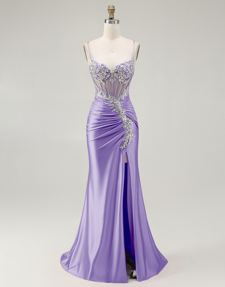 Sparkly Grey Pink Mermaid Satin Corset Long Prom Dress with Slit