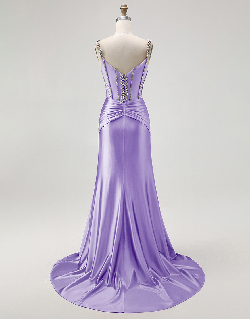 Sparkly Blush Mermaid Spaghetti Straps Long Corset Satin Prom Dress with Beading