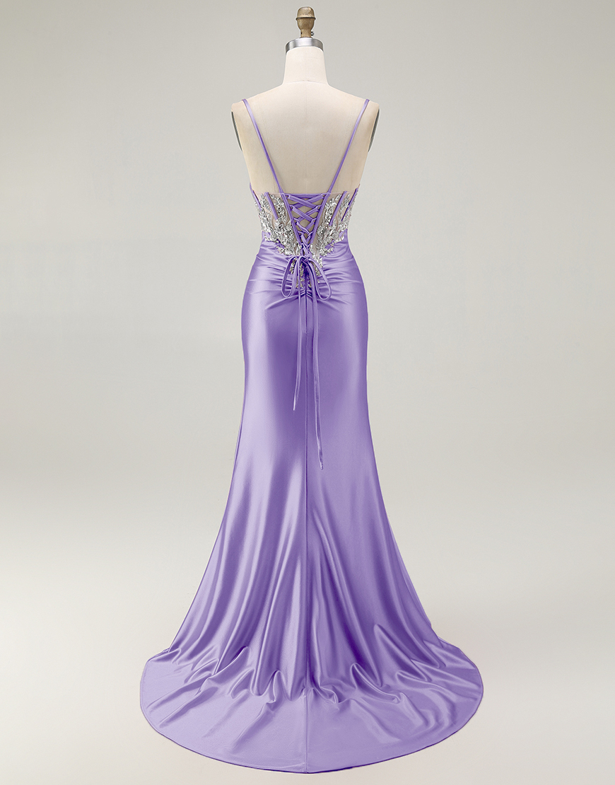 Sparkly Grey Pink Mermaid Satin Corset Long Prom Dress with Slit